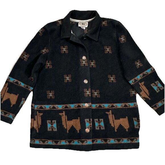 Vintage County Clothing Co. Women's Large Fleece Jacket Llamas Button Up Black - Picture 1 of 9